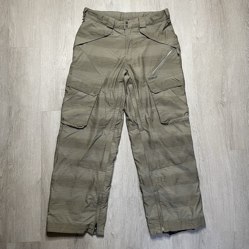 Sims Cargo Snowboard Pants Men's M Green Striped Ski Lined Ankle Zip 00s Y2K